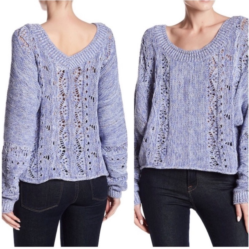 MELROSE and MARKET Knit Sweater Scoop Neck V-Back Heather Blue White Women L